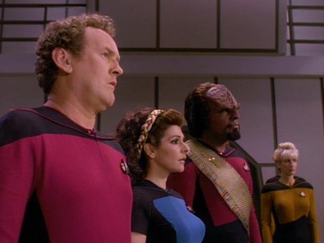 O'Brien, Troi and Worf at Picard's Welcome Cermony